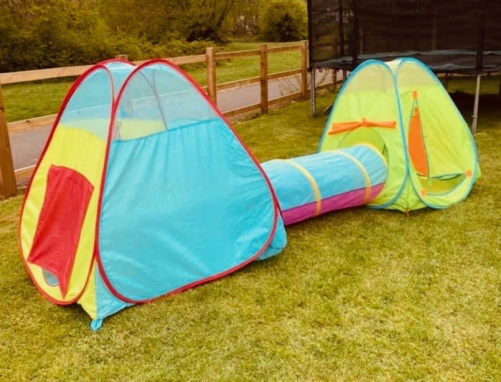 Pop Up Play Tent and Tunnel Set -(Multicoloured Pink Aqua Tunnel & 2 Tents (Copy)