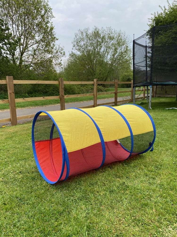 Pop Up Play Tunnel - Red & Yellow, Blue Piping & Mesh Panels