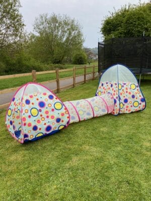 Pop Up Play Tent and Tunnel Set -(Multicoloured Spotted Pink, Blue & Yellow Mesh Tunnel & 2 Tents