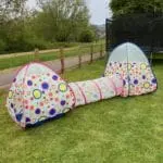 Pop Up Play Tent and Tunnel Set -(Multicoloured Spotted Pink, Blue & Yellow Mesh Tunnel & 2 Tents