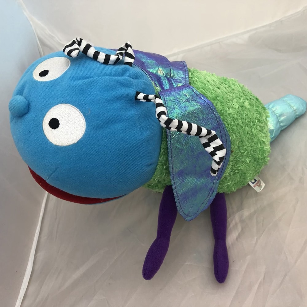 Plush Mosquito Bug Hand Puppet Green Purple Shimmer Wings Blue